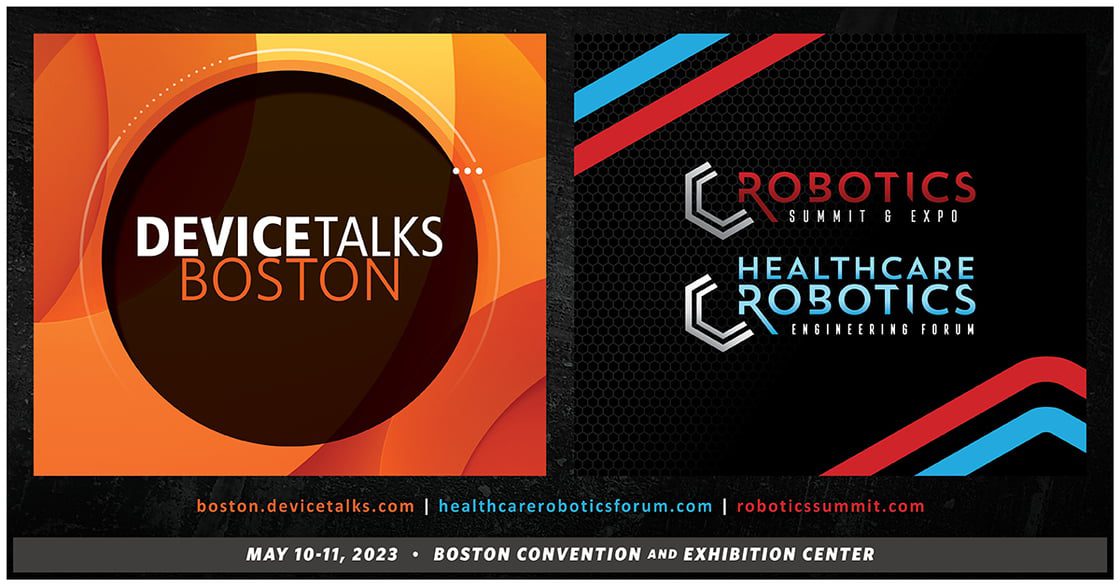 Logos for Boston Healthcare Robotics Summit & Expo and DeviceTalks Boston held on May 10-11, 2023 at the Boston Convention and Exhibition Center
