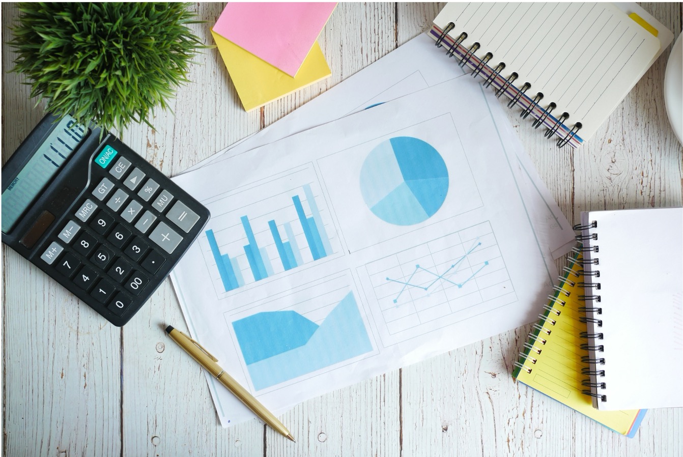 image of graphs, paper pads, sticky notes, and calculator with plant on barn wood